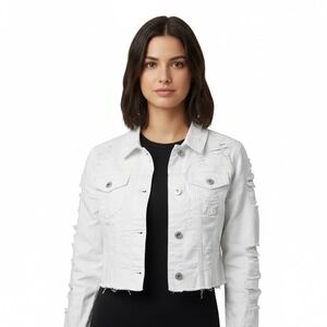 Red Fox Jeans White Distressed Cropped Denim Jacket Womens Size Small‎